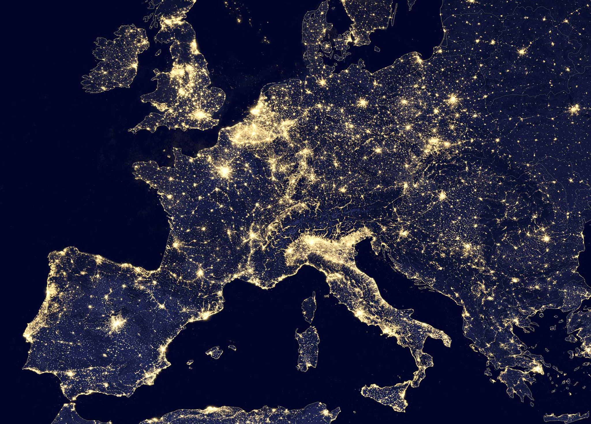 A nighttime view of Europe made possible by the �day-night band� of the Visible Infrared Imaging Radiometer Suite (VIIRS) is seen in a global composite assembled from data acquired by the Suomi National Polar-orbiting Partnership (Suomi NPP) satellite in 2012 and released by NASA October 2, 2014 .  The VIIRS detects light in a range of wavelengths from green to near-infrared and uses filtering techniques to observe dim signals such as city lights, wildfires, and gas flares.   REUTERS/NASA/Handout  (UNITED STATES - Tags: ENVIRONMENT ENERGY SCIENCE TECHNOLOGY) FOR EDITORIAL USE ONLY. NOT FOR SALE FOR MARKETING OR ADVERTISING CAMPAIGNS